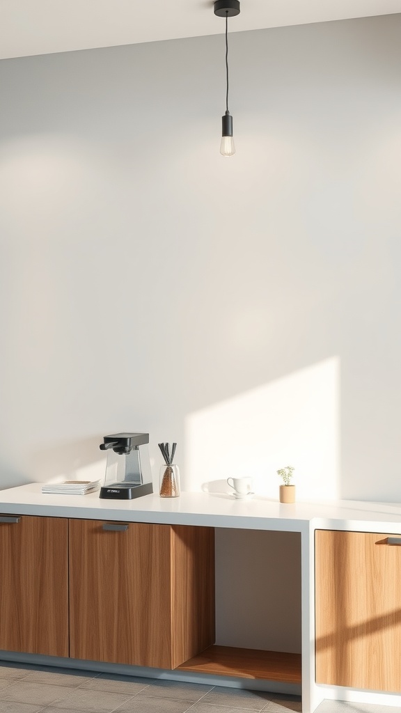A minimalist coffee station in an office with a coffee maker on a white countertop and wooden cabinets.