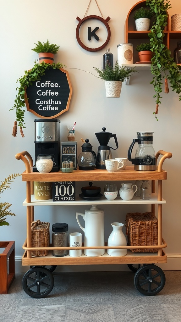 A themed coffee trolley with various coffee-making equipment, mugs, and decorative items.