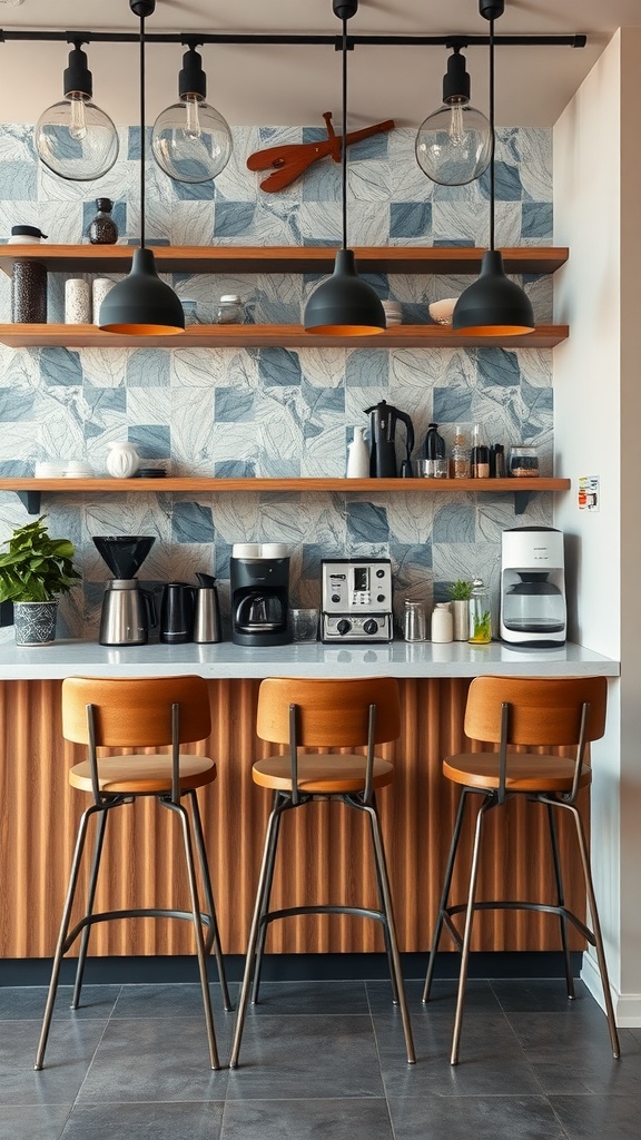 An office coffee station featuring high stools, coffee makers, and stylish decor.