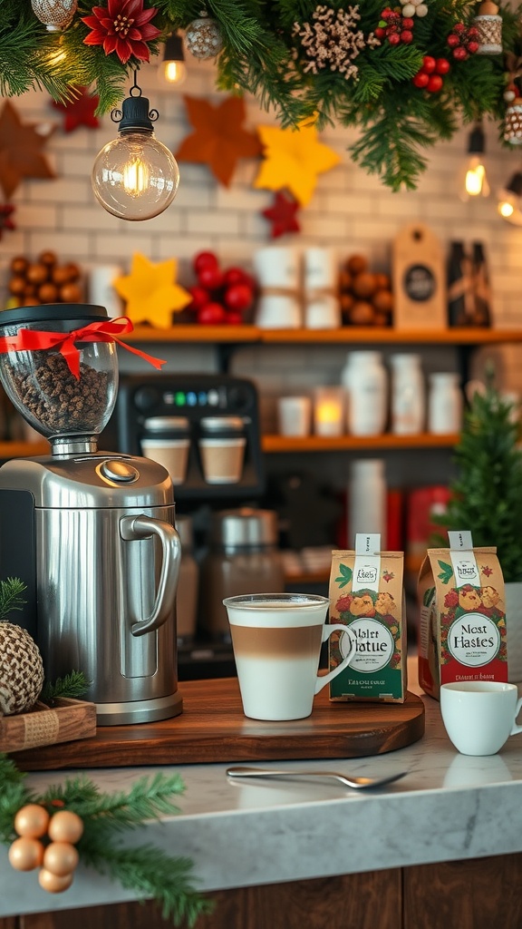 A beautifully decorated coffee station with holiday-themed decor, featuring a coffee maker, festive ornaments, and seasonal coffee flavors.