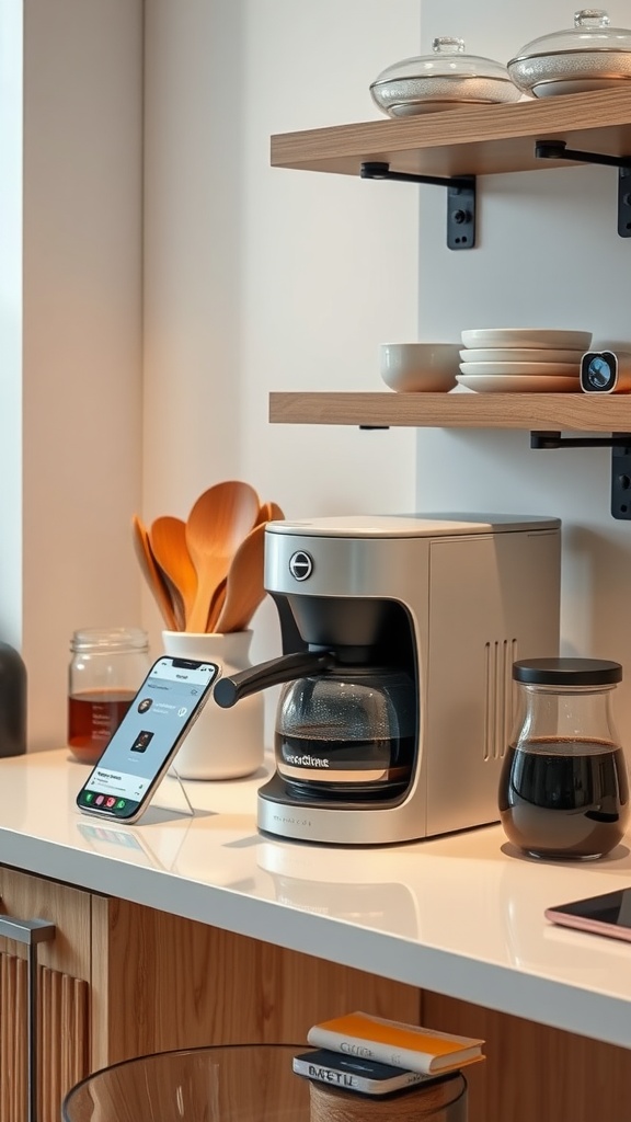 A smart coffee machine on a countertop with a smartphone displaying controls.