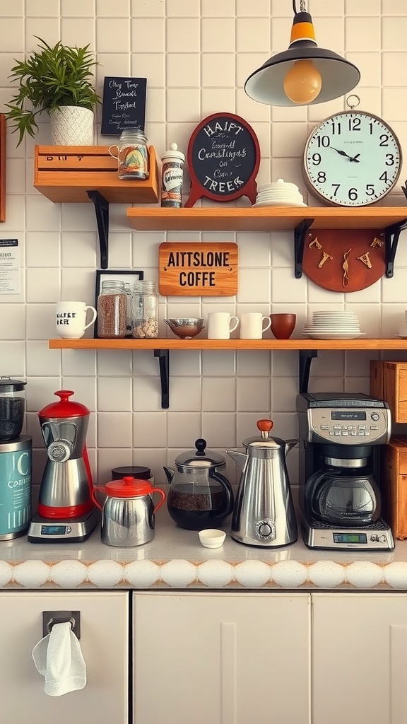 A vintage coffee station setup with various coffee makers, mugs, and decorative elements.