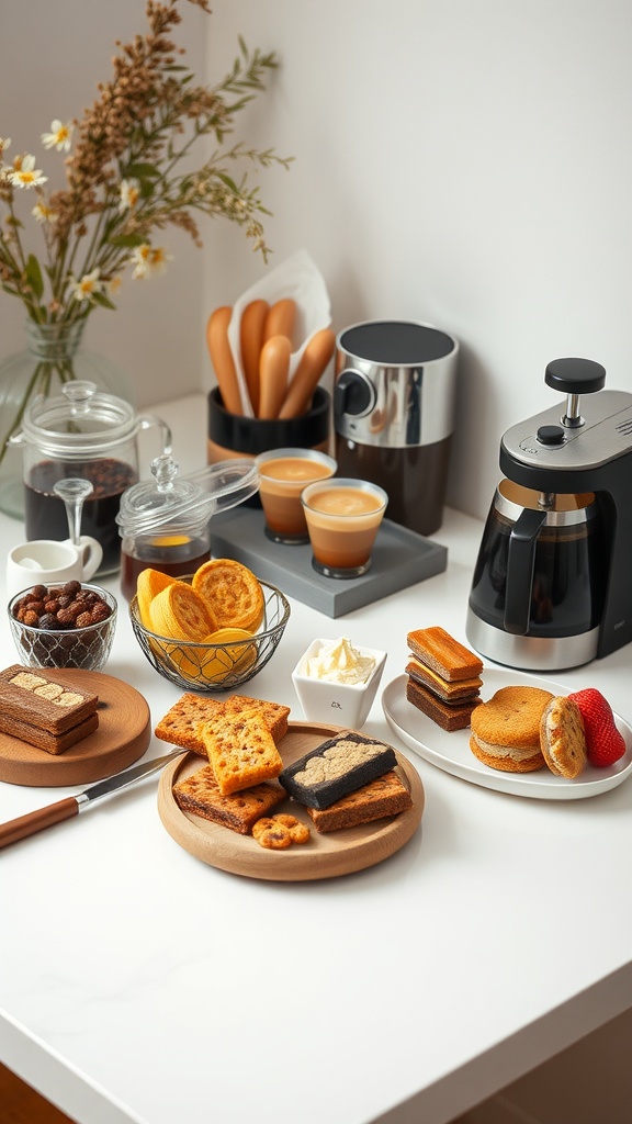 A beautifully arranged coffee and snack station with various treats and coffee equipment.