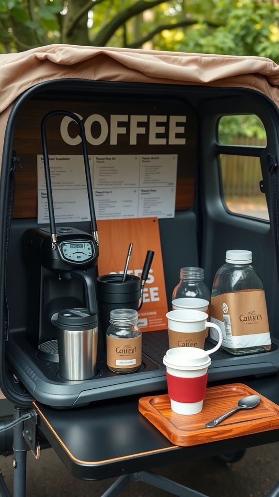 A portable coffee station with various coffee cups and equipment.