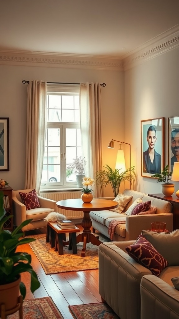 Cozy living room and dining room combo with soft seating and warm lighting