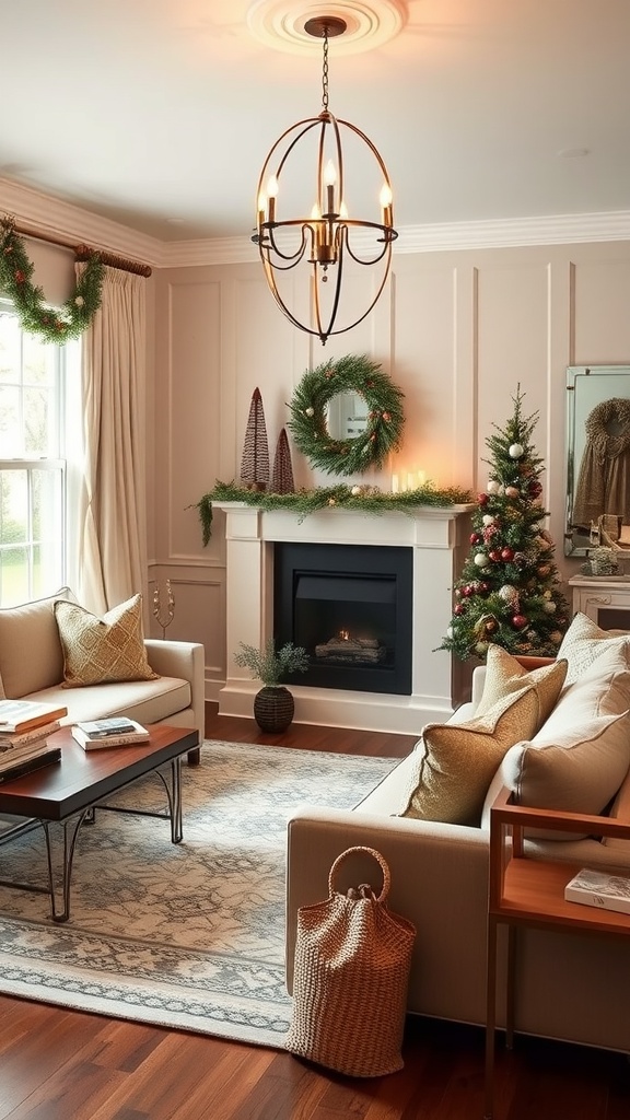 A cozy modern living room with seasonal decorations, featuring a Christmas tree, garlands, and warm lighting.