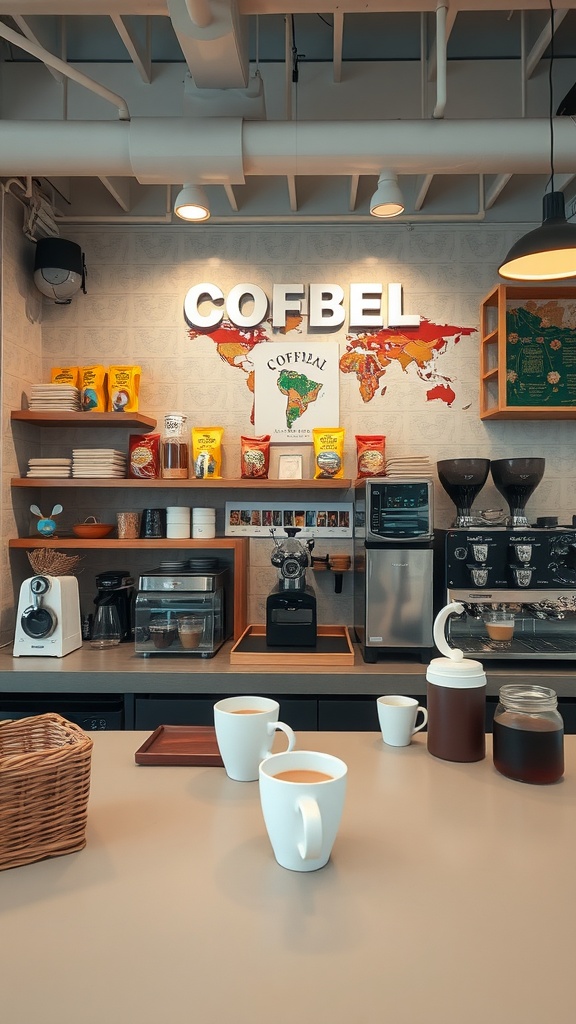 An inviting office coffee station with a world map, various coffee brewing equipment, and mugs on a neutral countertop.