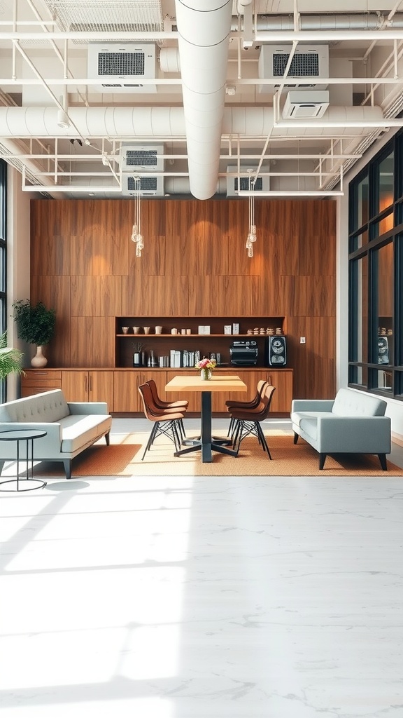 A modern office coffee station with seating area, wooden accents, and a coffee machine.