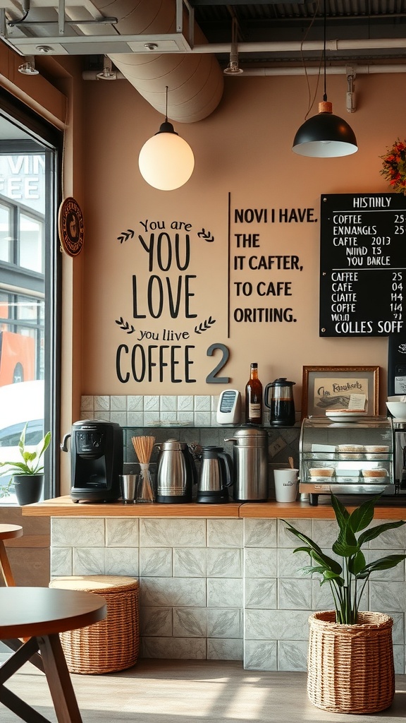 A cozy coffee station featuring inspirational quotes on the wall, showcasing coffee equipment and a warm atmosphere.