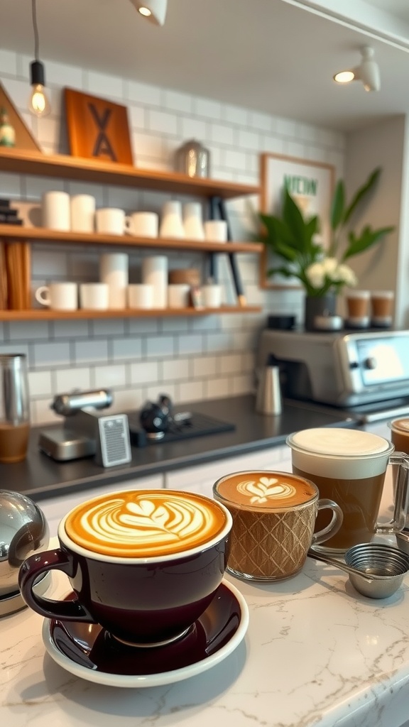 A variety of beautifully crafted coffee drinks displayed on a counter.