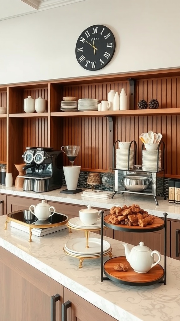 A stylish coffee and tea station with a coffee maker, tea pots, and snacks on display.