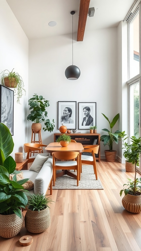 A modern living room dining room combo with plants, a wooden table, and stylish decor.