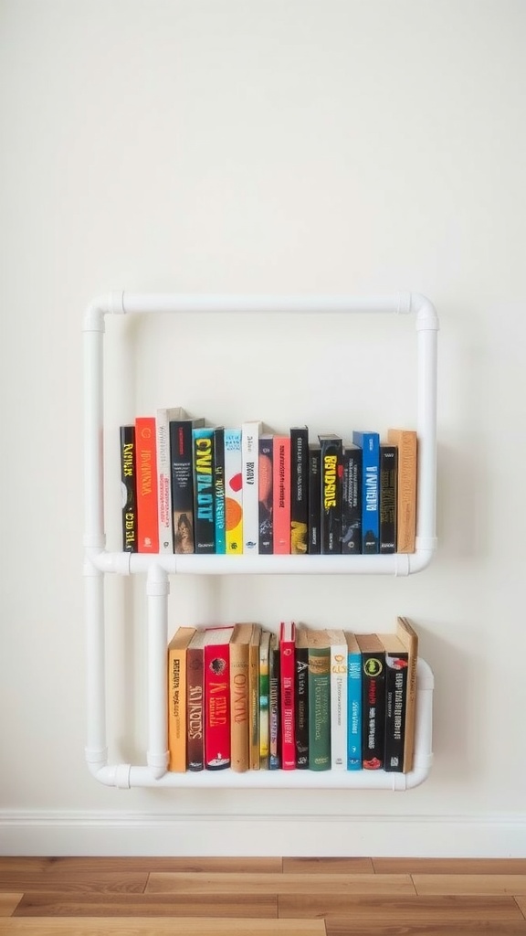 A DIY bookshelf made of white PVC pipes holding various books against a wall.