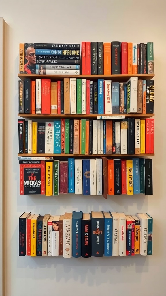 A creative wall-mounted book display with colorful books arranged on wooden shelves.
