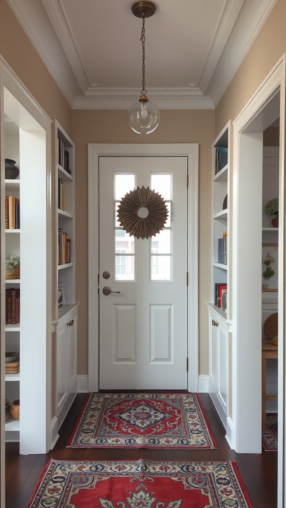 Built-in shelves framing a doorway with a white door and decorative rug