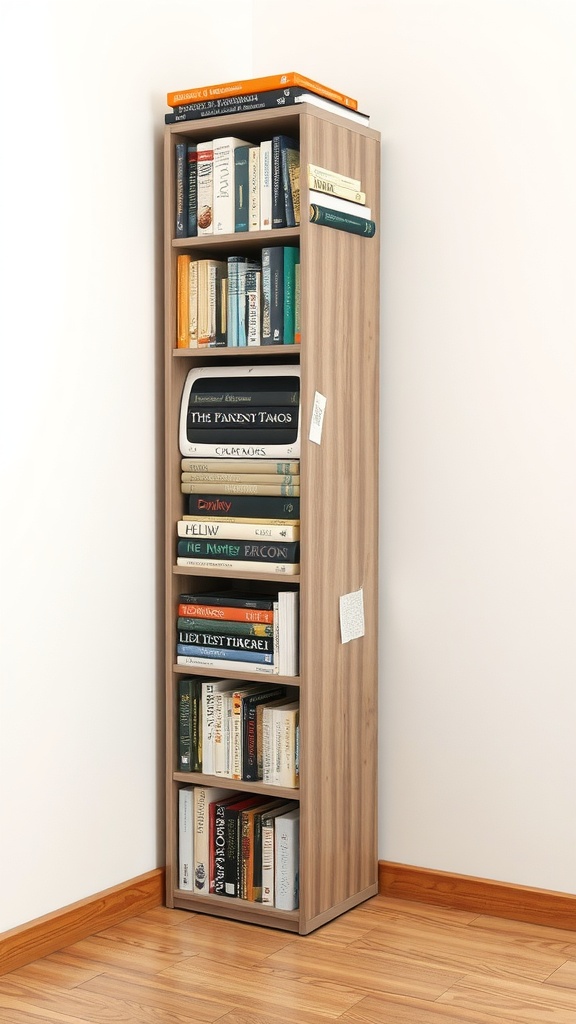 A tall, narrow wooden bookshelf filled with various books, positioned in a corner of a room.