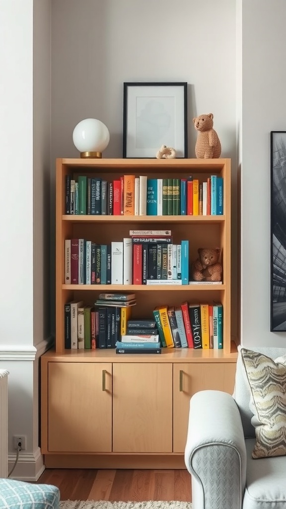 A bookshelf arranged by color with books, a lamp, and cute decorative items.