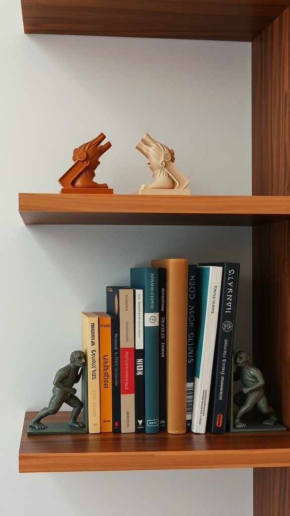 Artistic bookends featuring sculptures of a thinker and two heads holding books on a wooden shelf