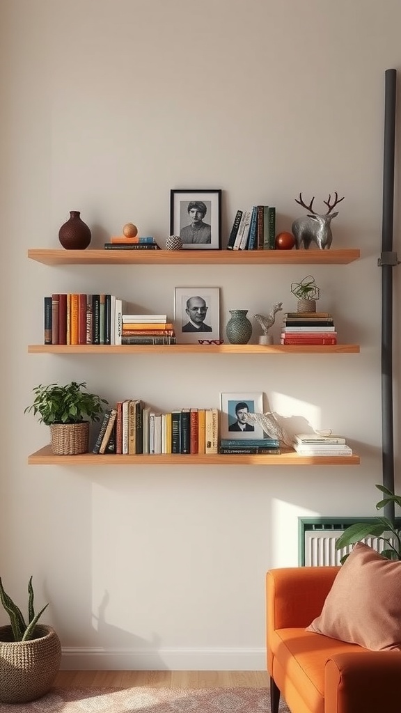 A cozy living area featuring floating shelves filled with books and decorative items, complemented by an orange sofa.