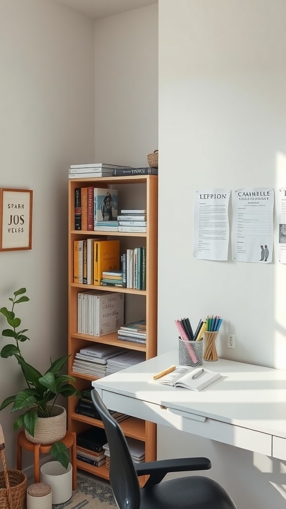 A compact bookshelf in a home office corner with plants and a desk.