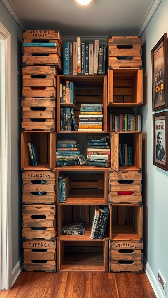 A creative bookshelf made of stacked wooden crates displaying books in a small space.