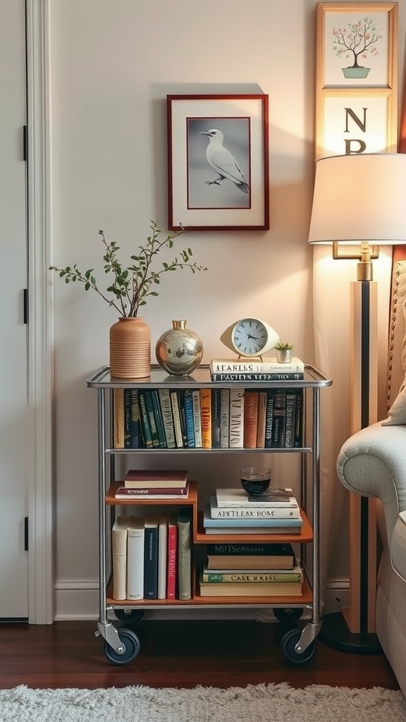 A stylish book cart filled with books, decorative items, and a cozy lamp in a small space.