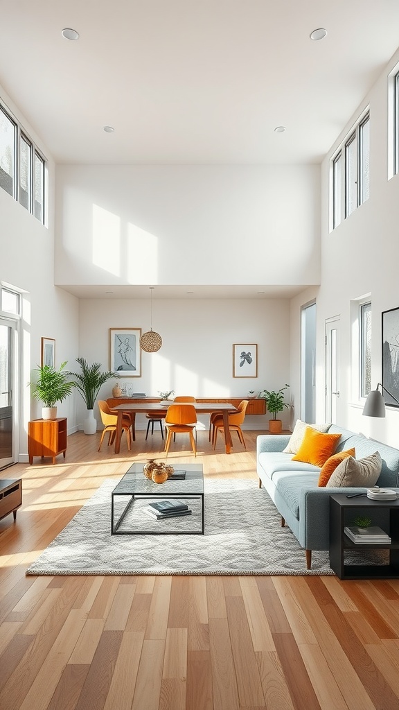 A modern living room and dining room combo showcasing a spacious open concept layout.