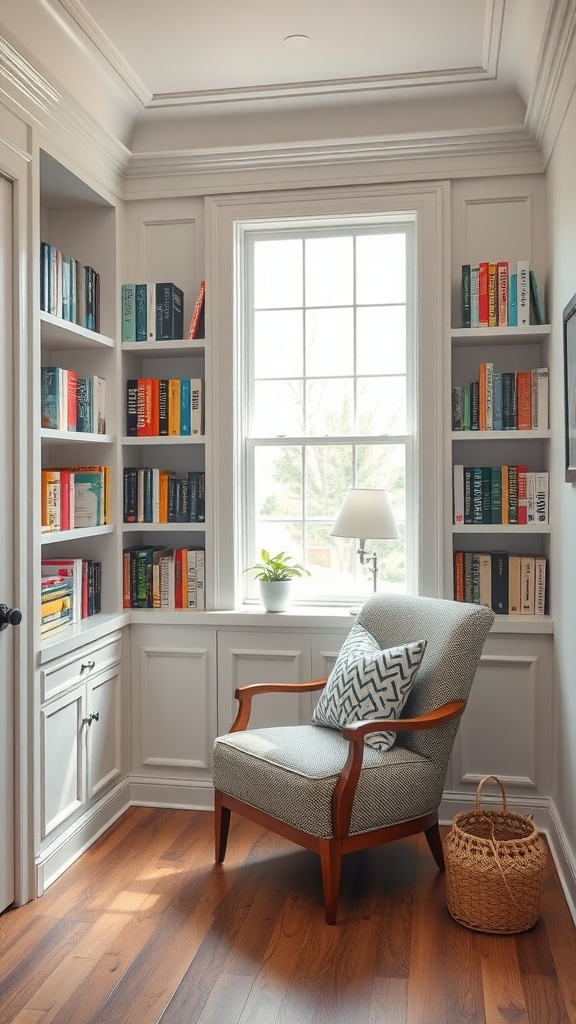 Cozy corner book nook with built-in shelving, a comfy chair, and natural light.
