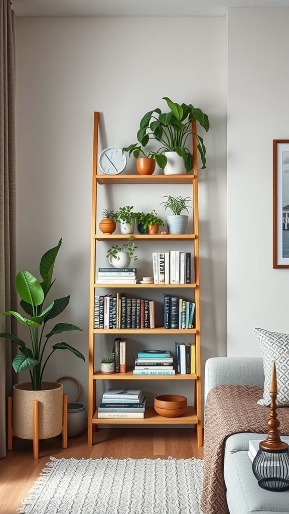 A wooden ladder shelf displaying books and plants in a cozy living room.