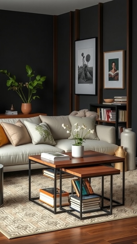 Cozy living room with nesting tables that have built-in book storage.