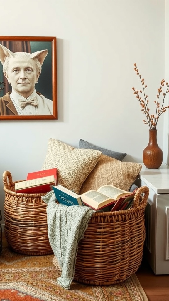 Stylish baskets filled with books, cushions, and a cozy blanket in a small living space.