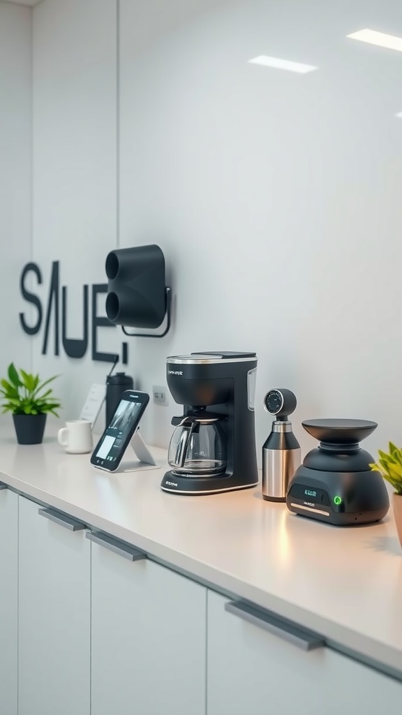 Modern coffee station with tech gadgets on a countertop