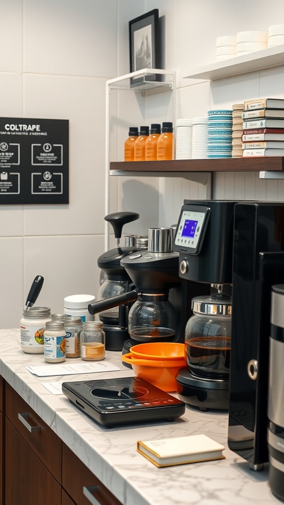 A minimalist coffee station featuring black utensils and a clean design.