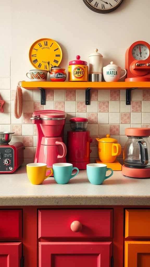 A vibrant coffee station featuring colorful cups and retro appliances on a countertop.