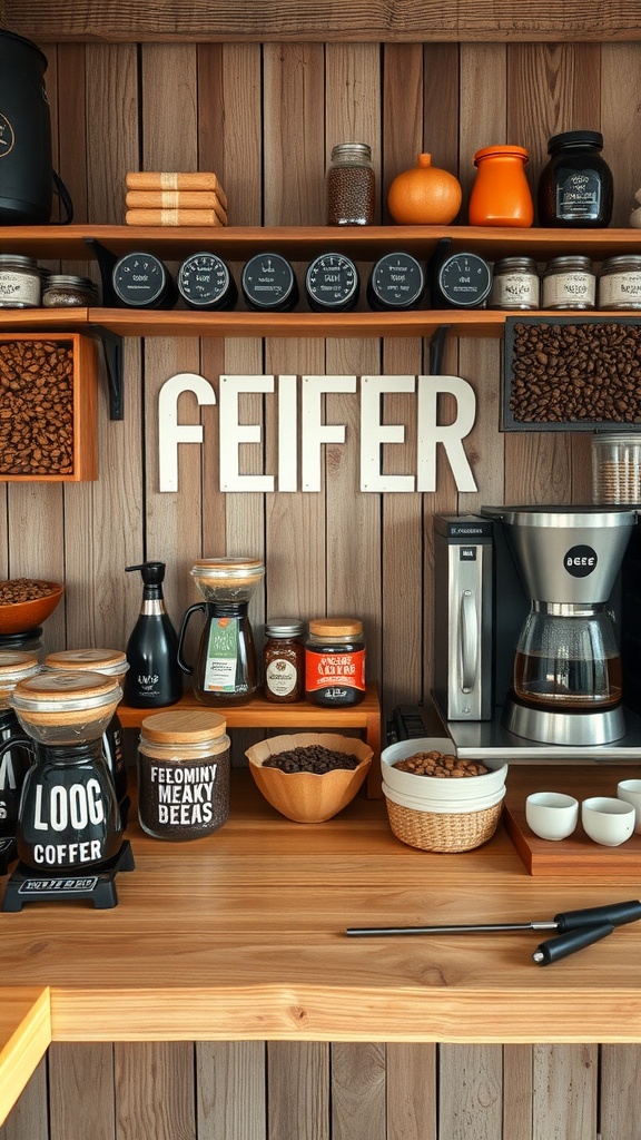 Rustic wooden coffee bar with various coffee supplies and decor.
