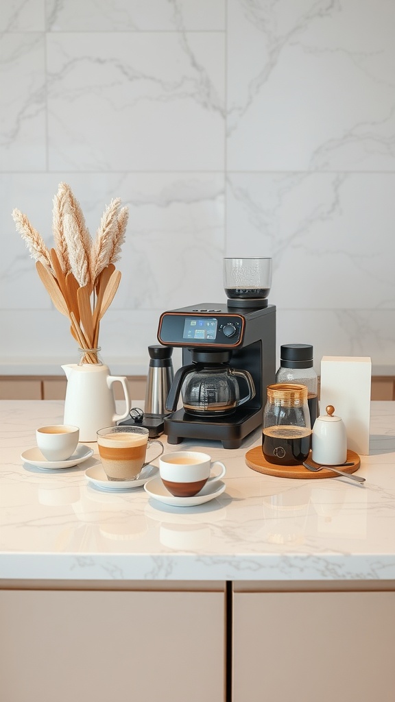 A stylish coffee station on a marble countertop featuring various coffee cups, a coffee maker, and decorative elements.