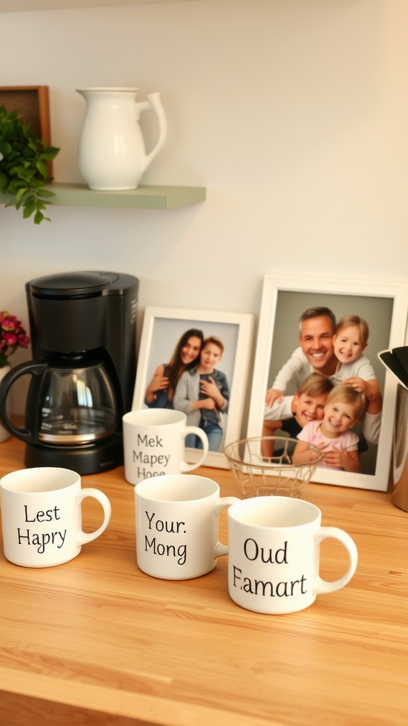 A cozy coffee station featuring personalized mugs and family photos.