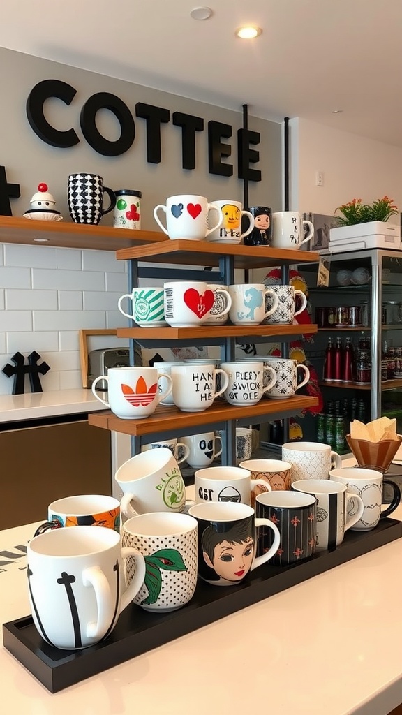 A stylish coffee mug display with various uniquely designed mugs on wooden shelves.