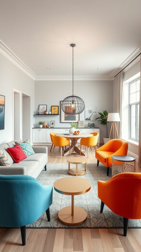 A modern living room and dining room combo featuring colorful accent furniture including blue and orange chairs.