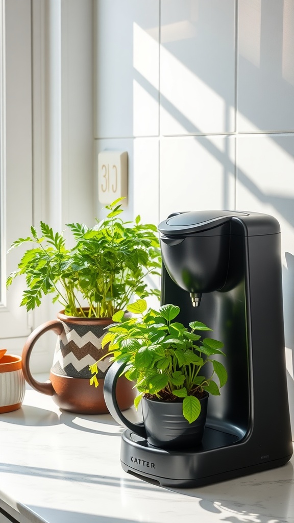Coffee station featuring a coffee maker next to herb planters in bright sunlight.