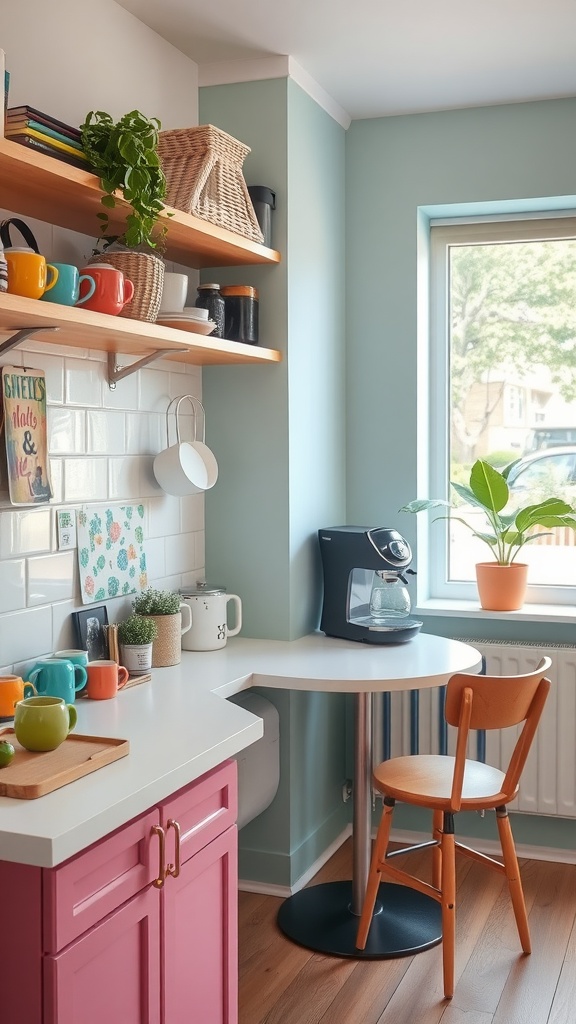 A cozy coffee station with colorful mugs, a coffee maker, and plants in a bright kitchen corner.