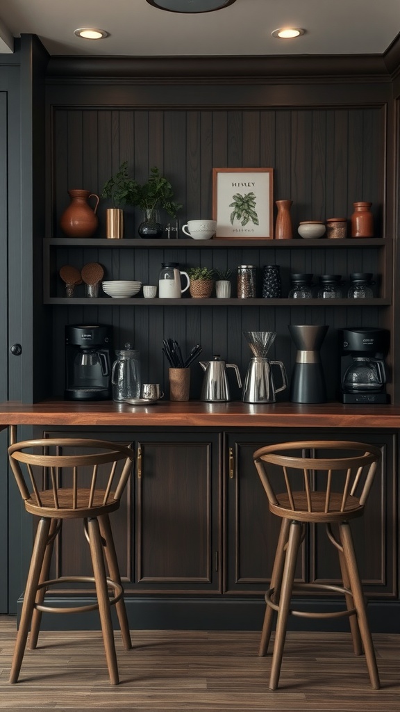 A dark wood coffee station with bar stools, featuring various coffee-making appliances and decorative items.