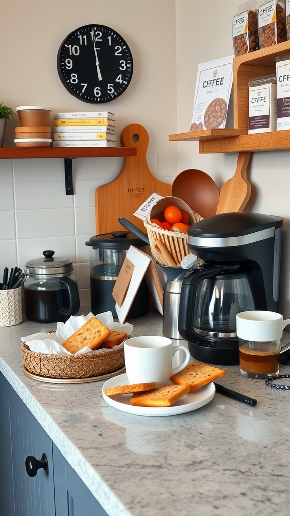 A cozy coffee station with a coffee maker, snacks, and mugs on a countertop.