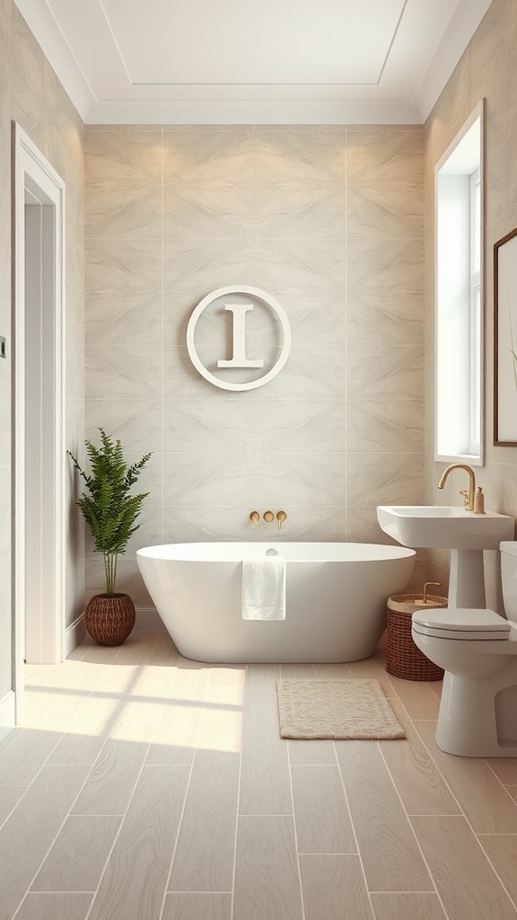 Modern bathroom with floating floors and elegant fixtures.