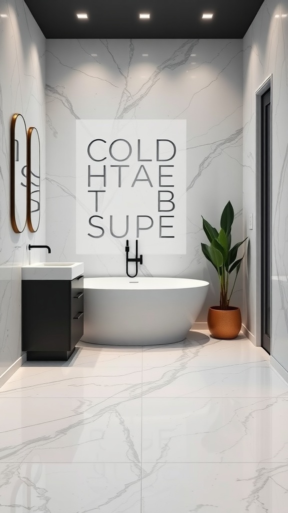 Modern bathroom with epoxy flooring and a freestanding bathtub.