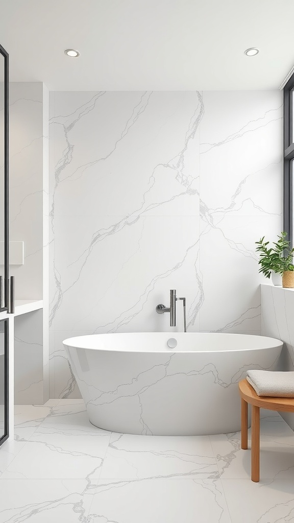 A modern bathroom featuring white marble-style porcelain tiles on the floor and walls.