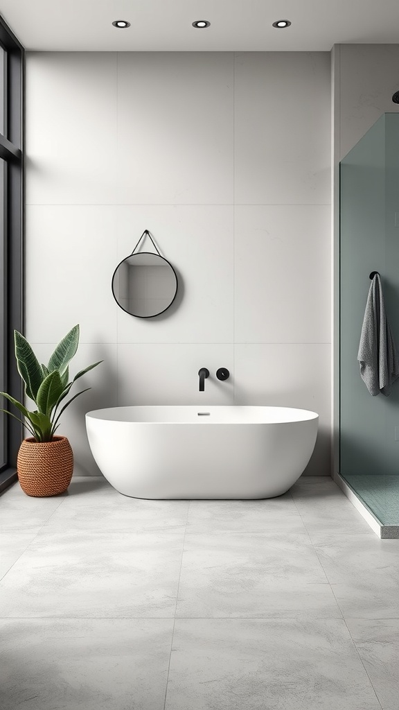 A modern bathroom featuring a white freestanding bathtub, large windows, and minimalistic decor with a plant.