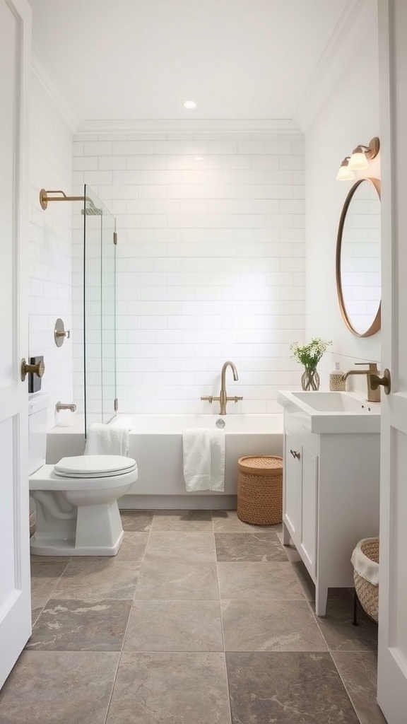 A modern bathroom featuring stone-look vinyl flooring, white tiled walls, and elegant fixtures.