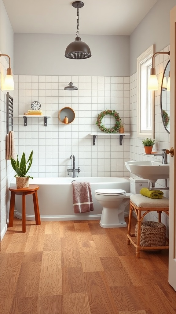 A stylish bathroom featuring waterproof laminate flooring, a bathtub, and modern decor.