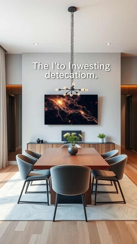 A modern dining room with a large smart TV, wooden dining table, and stylish chairs.